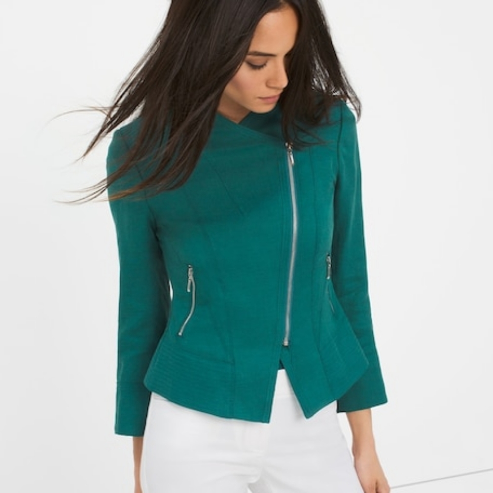 WHBM Teal Linen Blend Moto Jacket size 4